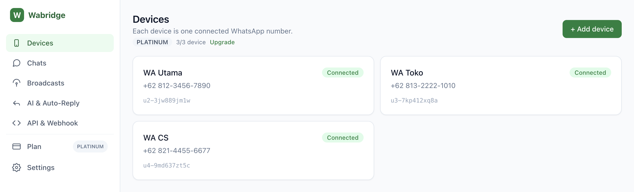 Dashboard Wabridge — kelola beberapa nomor WhatsApp (WA Utama, WA Toko, WA CS), status koneksi, dan API key dalam satu tampilan